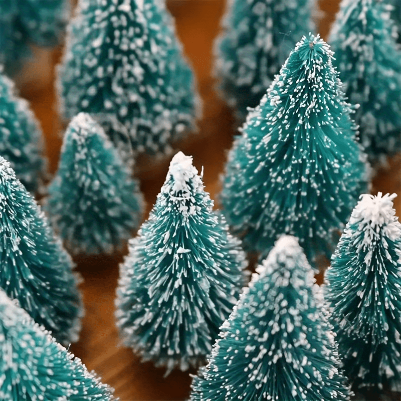 12 Mini Christmas sisal Snow Frost Trees with wooden bottle brush base for festive home decor.