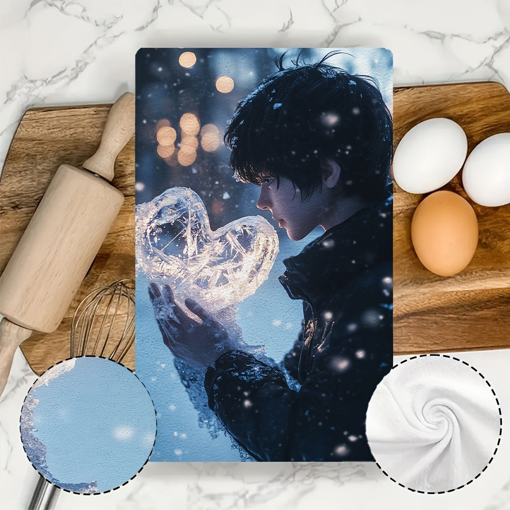 This pack includes two ultra-soft kitchen towels showcasing an anime boy crafting a heart out of ice in a winter landscape. These highly absorbent dish towels are ideal for holiday decor, can be easily cleaned in the washing machine, and come in a