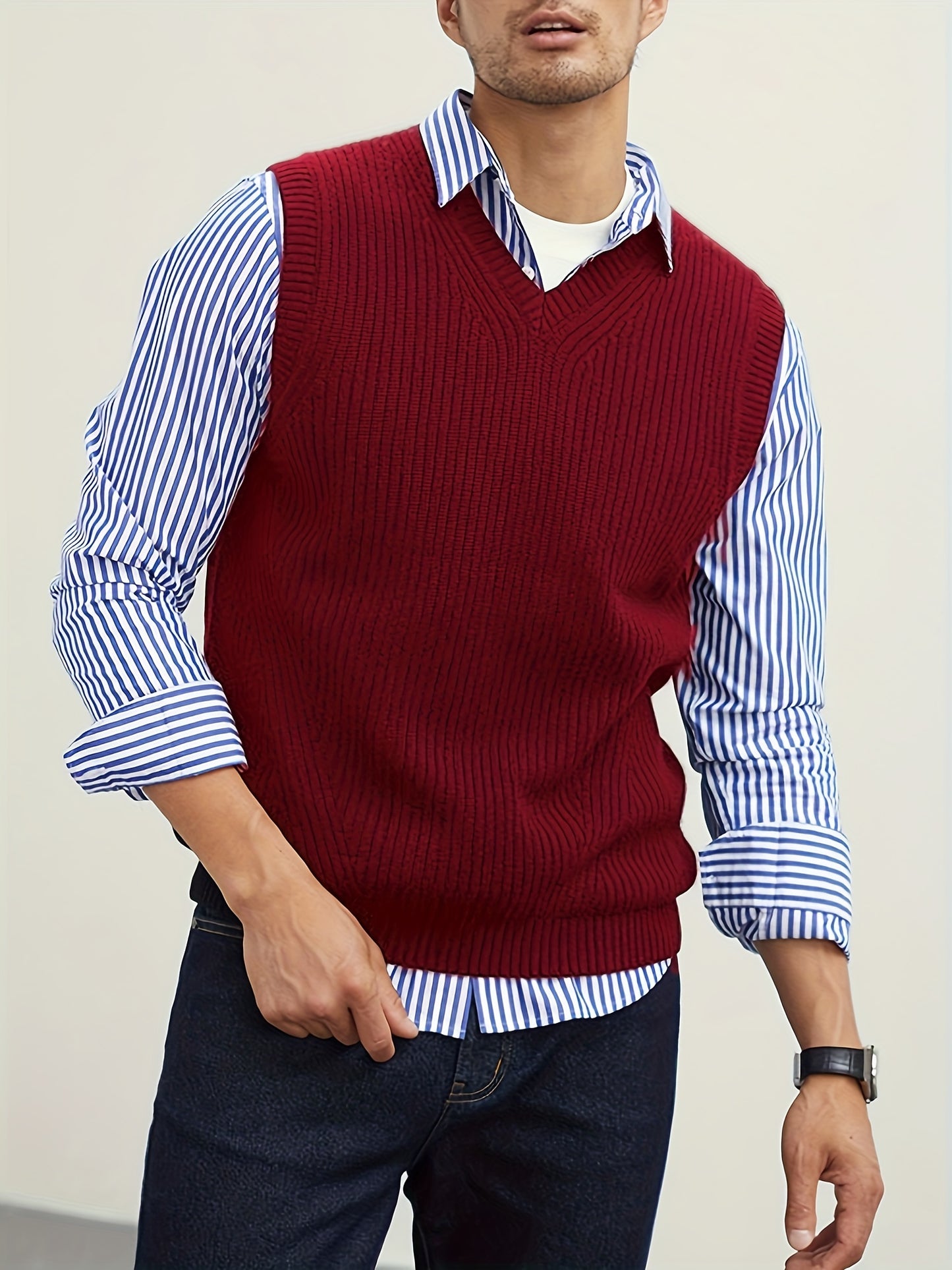 Oversized solid knit vest sweater for plus size men, perfect for spring and autumn, trendy sleeveless style for males.