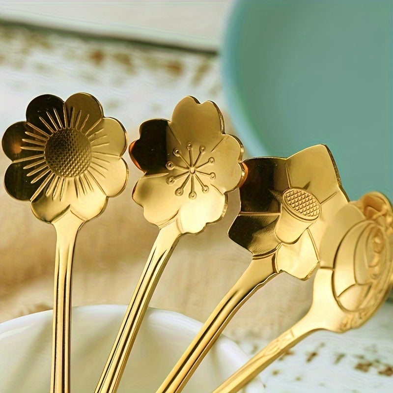 Golden stainless steel coffee and dessert spoons set with floral and geometric designs, ideal for tea, cake, and ice cream; great for weddings and coffee bars.