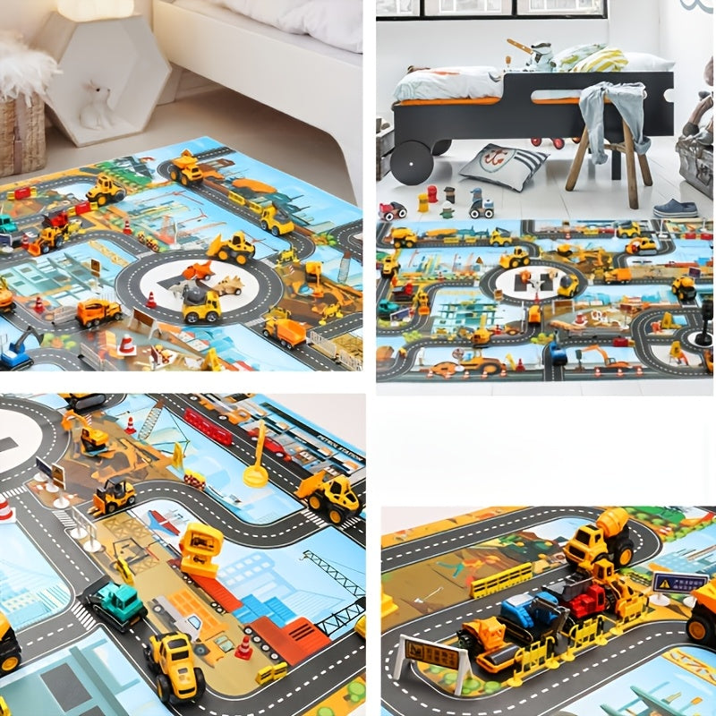 City construction and traffic play mat with mixed colors, includes toy and doll set for youngsters.