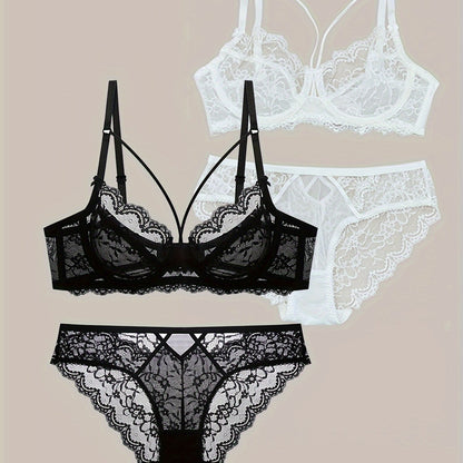 Solid floral lace lingerie set with strappy design for women.