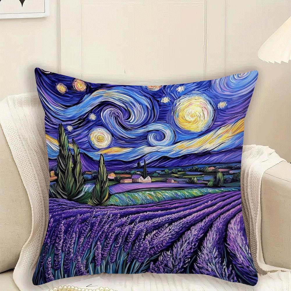 Modern flannel pillow cover featuring a starry night lavender design. This 45.72x45.72 cm cushion case is machine washable with a zippered closure, perfect for adding a touch of movie-themed decor to your sofa or bed. Suitable for back sleepers and ideal