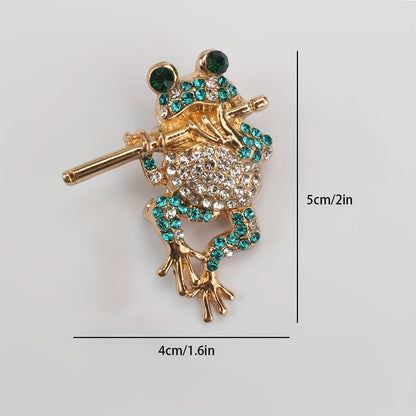 Rhinestone Brooch Featuring Frog Playing Flute, Elegant Women's Fashion Accessory