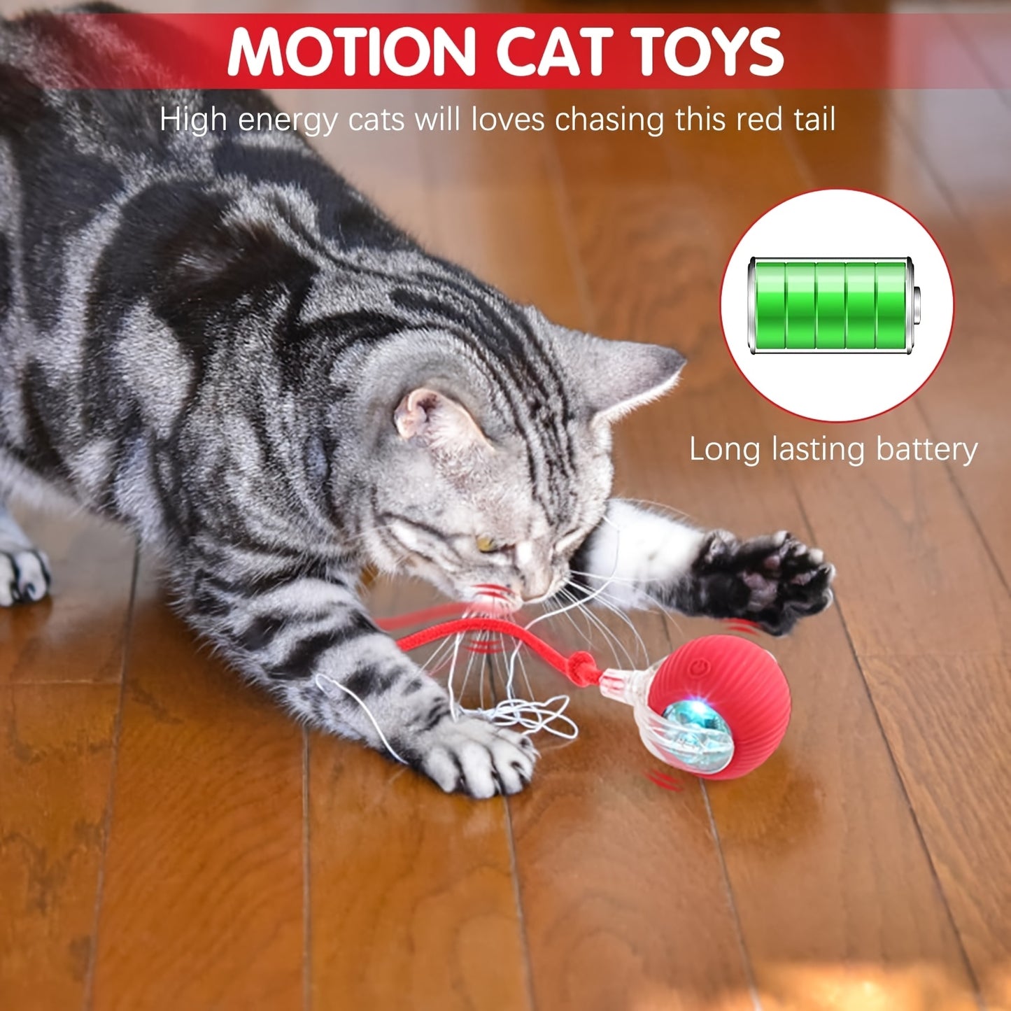 360° Smart Rolling Pet Ball Toy for Cats and Dogs - Interactive Indoor Play, USB Rechargeable, Red Silicone Ball with Rope Handle, Cloud Pattern Design, Fast Carpet Rolling, All Breed Sizes