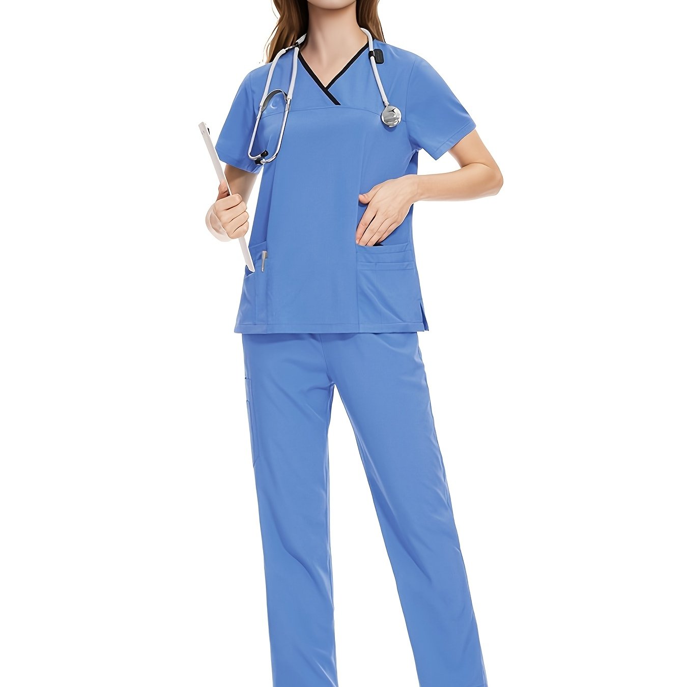 Stylish Polyester and Spandex Medical Scrubs Set with Pocket, V-Neck, and Casual Style