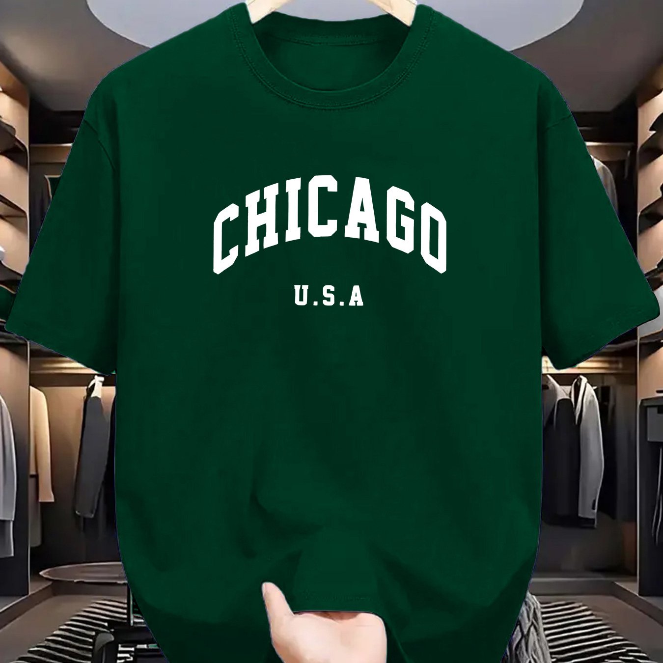 Chicago USA print men's t-shirt made of 100% polyester knit fabric. Features a casual crew neck tee with slight stretch, regular fit, and geometric pattern. Comfortable, elastic, and ideal