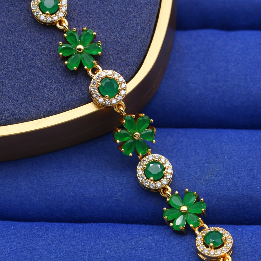 This platinum-plated copper flower link chain exudes vintage elegance, with synthetic emerald and rhinestone accents adding a touch of glamour. Perfect for weddings, engagements, parties, or giving as a thoughtful holiday gift to women.