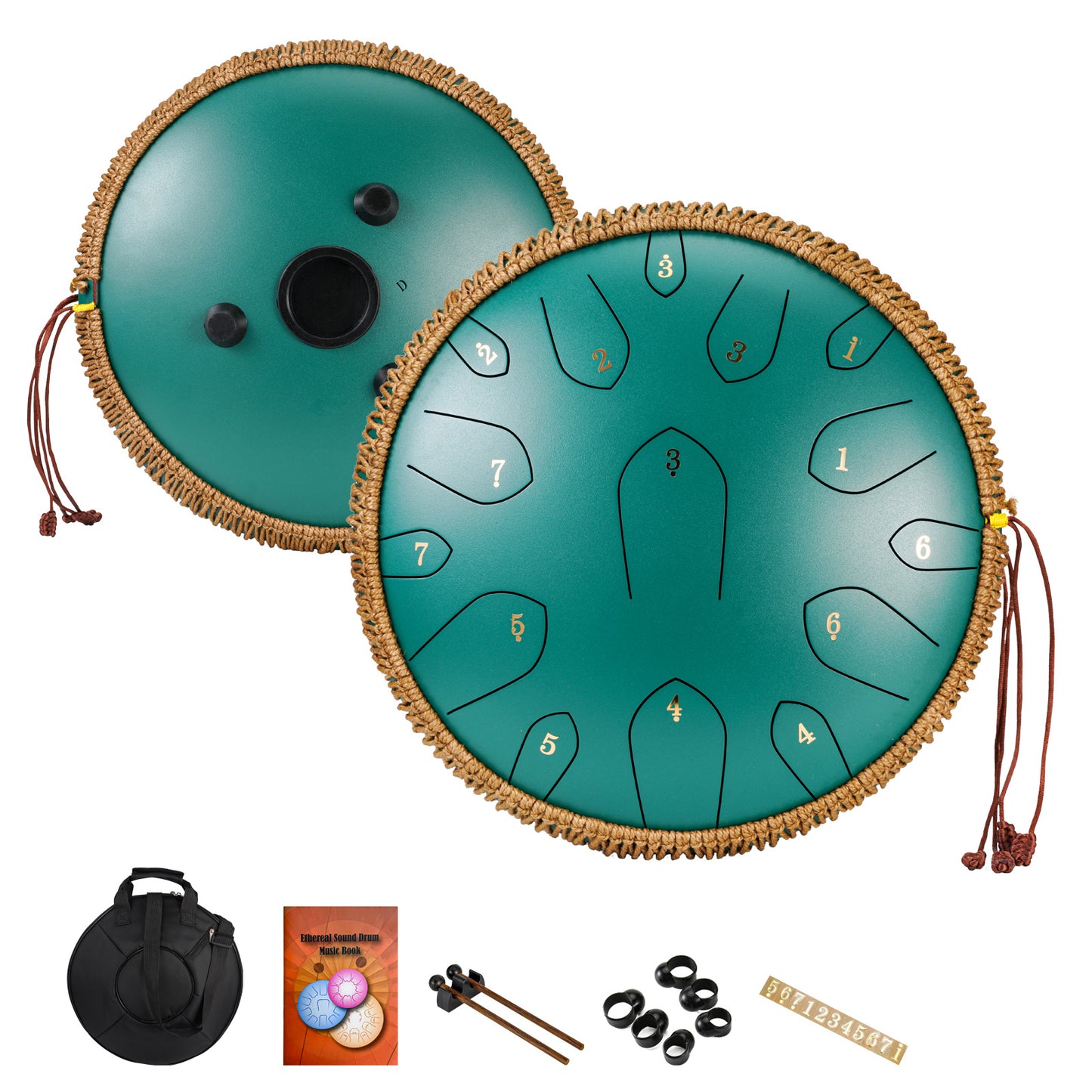 35.56 cm steel tongue drum in D key with mallets, bag, and book for music education and entertainment.