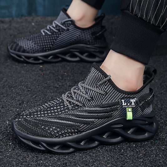 Men's Blade Knit Running Shoes: Breathable, Shock-Absorbing, Comfortable Lace-Up Sports Sneakers with Soft EVA Sole. Suitable for Outdoor Road Jogging. Casual Fashion Style. Low Top. Fabric