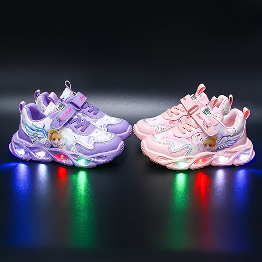 Children's Glow-Up Sneakers with Princess Magic Straps, Night Light, Cartoon Design, Suitable for Ages 0-14