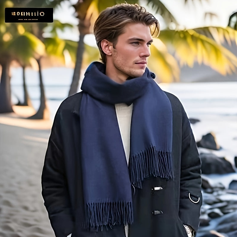 Men's Classic Winter Plaid Scarf with Tassel Edge - Stay Cozy and Stylish with this Soft Polyester Scarf, Perfect Fashion Accessory for Men with Woven Design