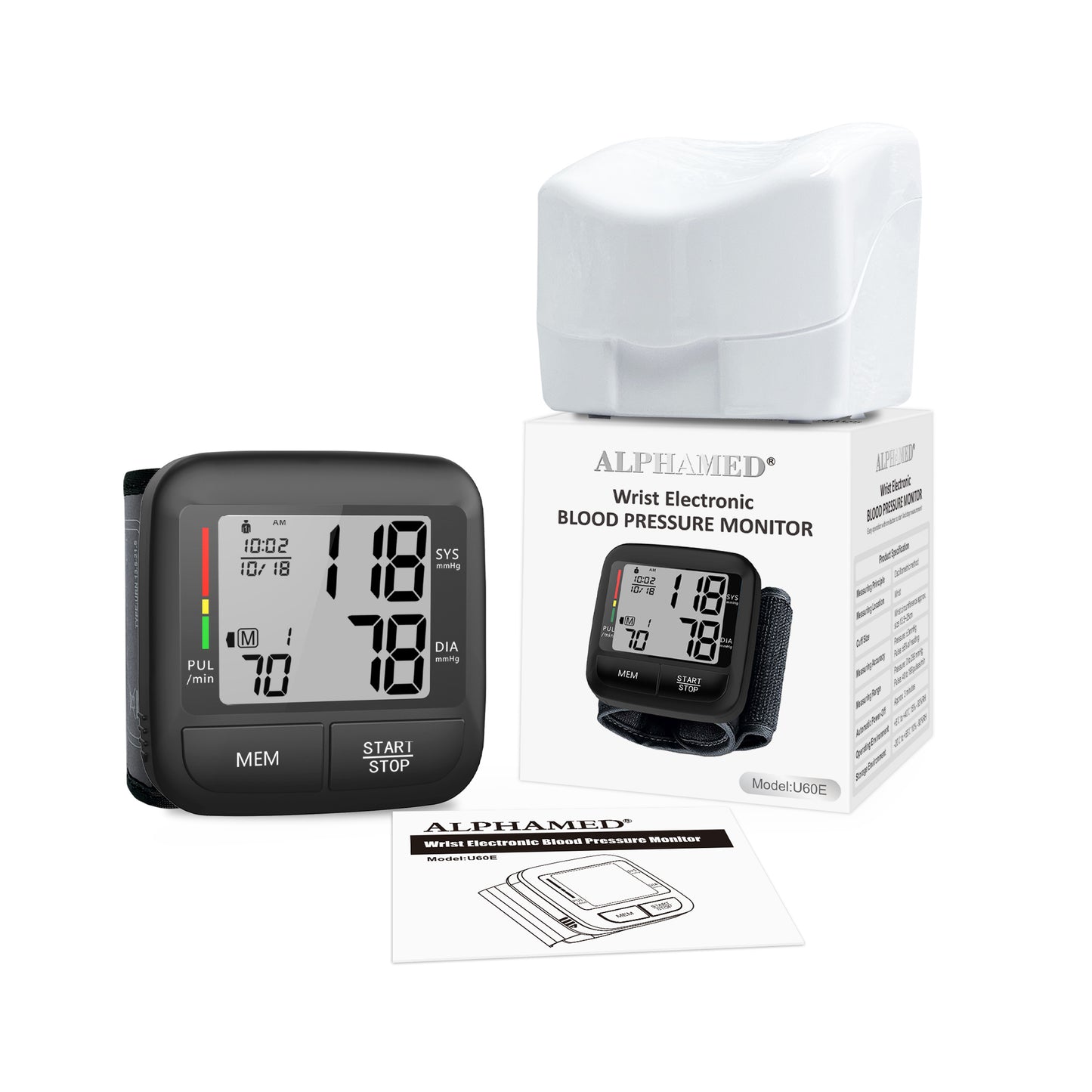 Portable wrist blood pressure monitor with large LCD display, automatic digital device, includes wrist strap and PP box.