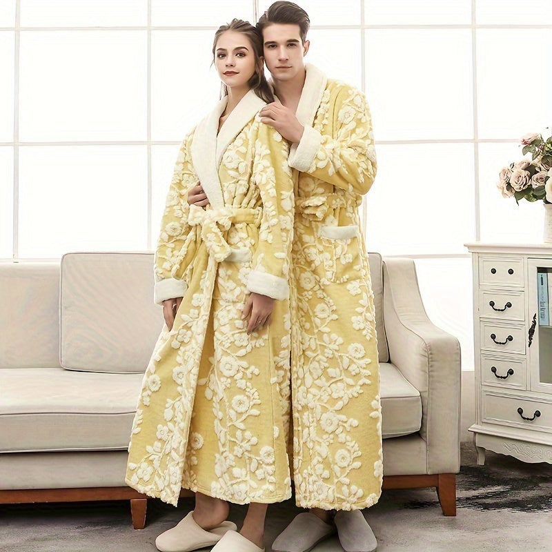 1pc Unisex Thickened Long Bathrobe with Flower Pattern, Ideal for Couples. Ideal for Home and Bathroom use.