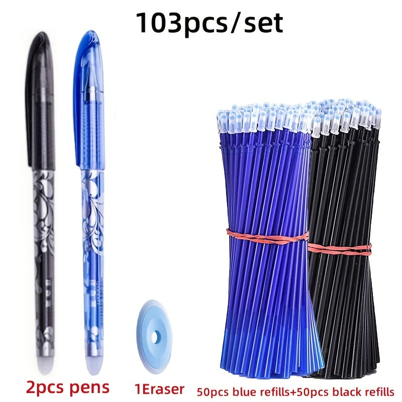 Set of 103 Black and Blue Erasable Gel Pens with Refillable Ink Cartridges, 0.5mm, Magic Erasable, Washable Handles - Includes 2 Pens, 100 Refill Cartridges, 1 Eraser - Ideal for Office and