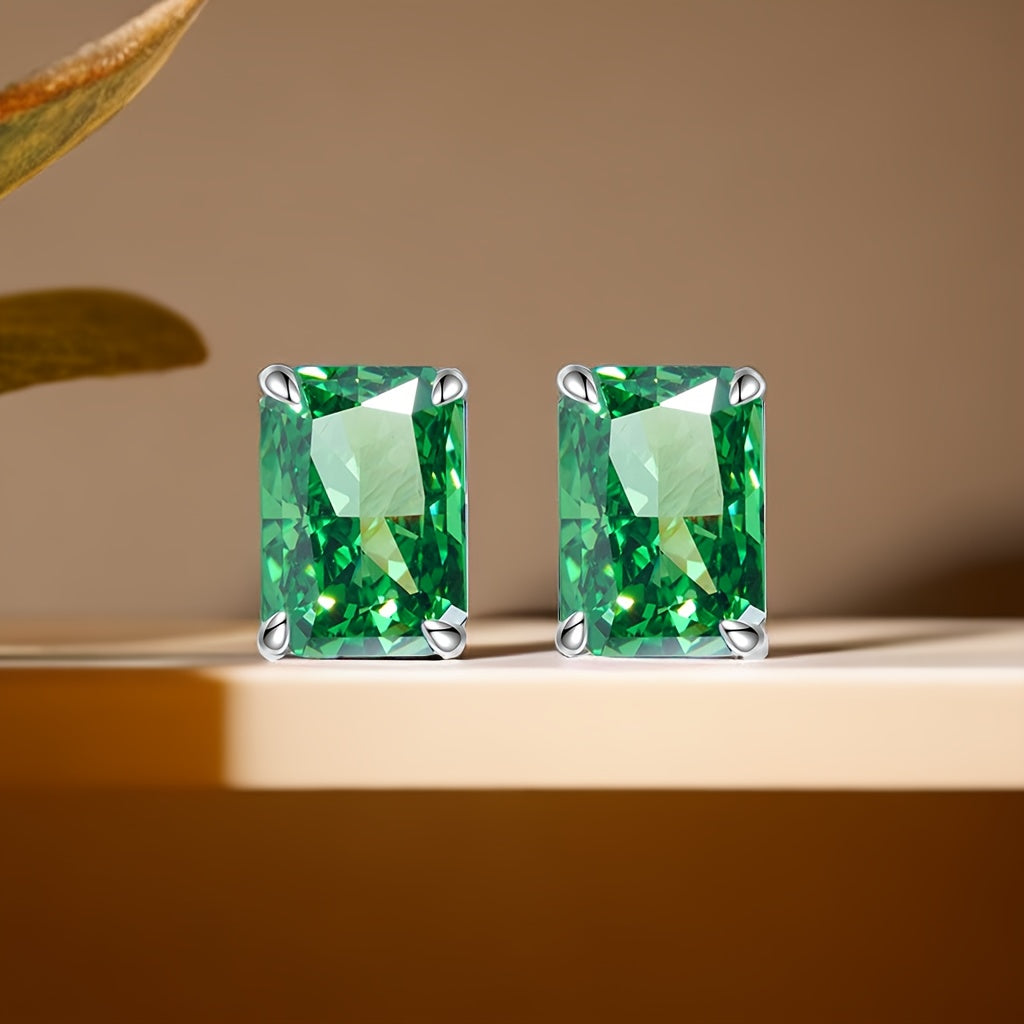 Stylish and elegant Women's Stud Earrings featuring 8 Carat Emerald Green Zirconia with Excellent Quality Sparkle Ice Cut, set in S925 Silver Plated with Platinum and Gold Mosaic. A popular and fashionable choice for women.