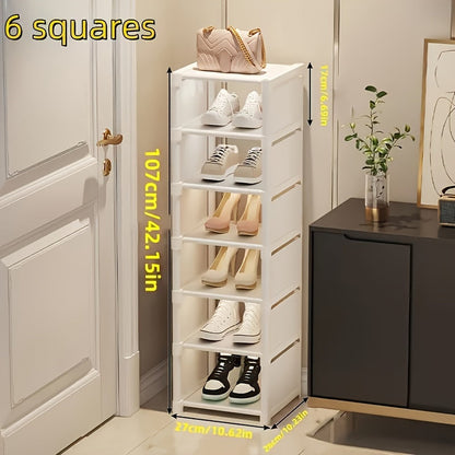 Tall narrow shoe rack designed for front door or closet entrance, made of durable metal with 7 shelves to store 4-7 pairs of shoes or boots. Stackable design saves space.