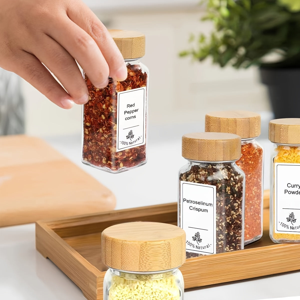 12 pieces of spice jars complete with labels, made of glass with bamboo lids. Each farmhouse style jar is equipped with a brush and funnel. Also includes a salt and pepper bottle with a pen. These kitchen accessories are essential for organizing your