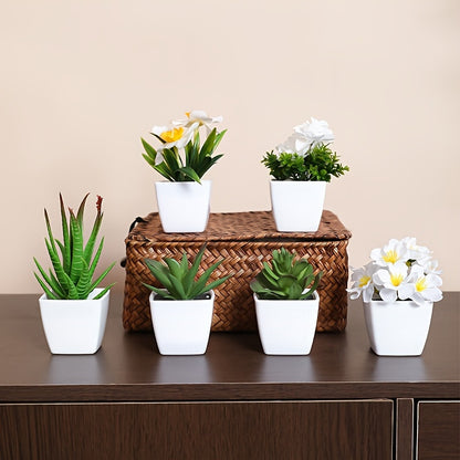 6pcs Artificial Succulents & Flowers in White Pots - Ideal for Home & Office Decor | Realistic & Versatile Mini Plants for All Seasons