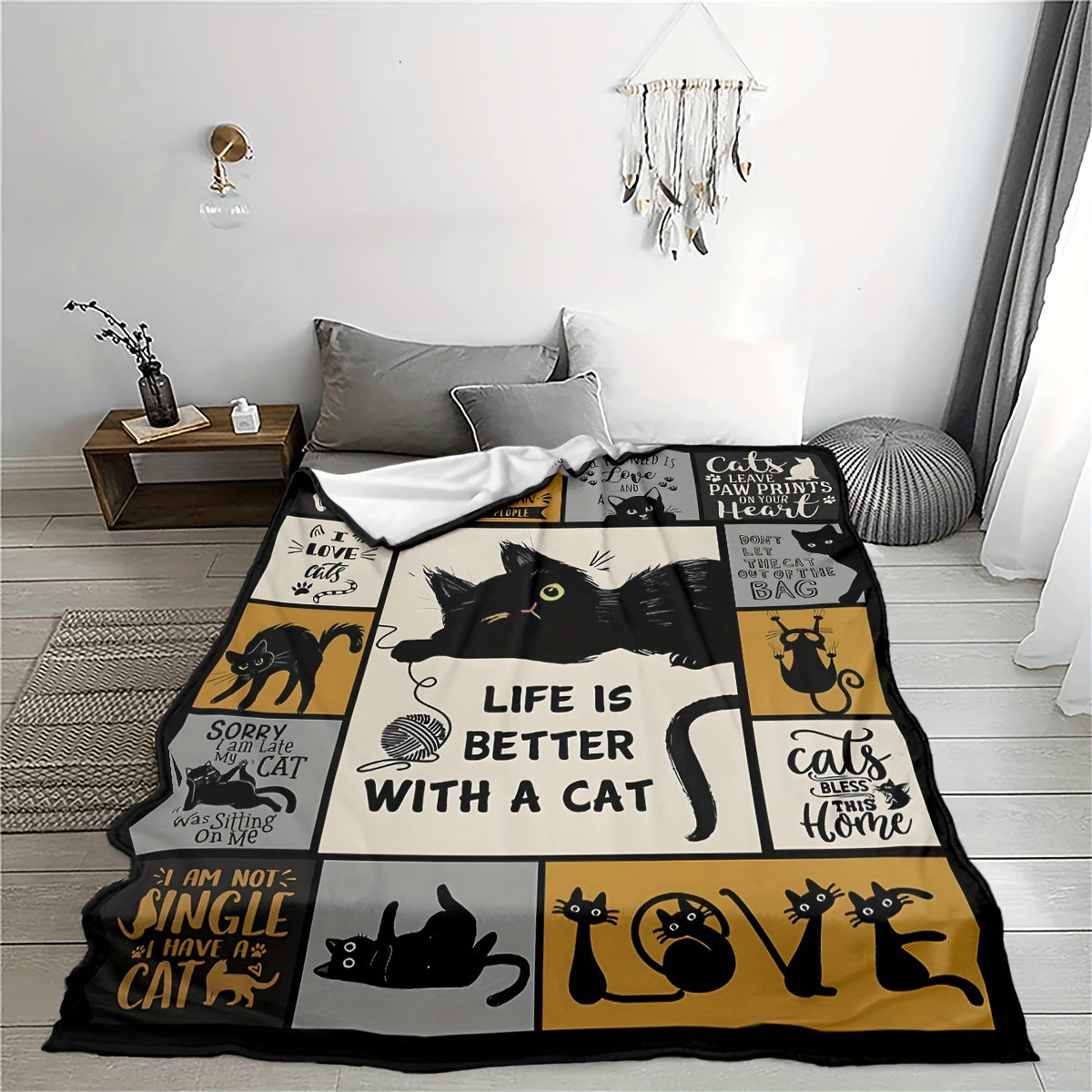 Stay cozy this Halloween with our 1pc Black Cat-themed blanket! Made with lightweight flannel, this portable blanket is perfect for use in the sofa, bed, travel, camping, living room, office, couch, chair, and bed. This soft and warm gift blanket is a