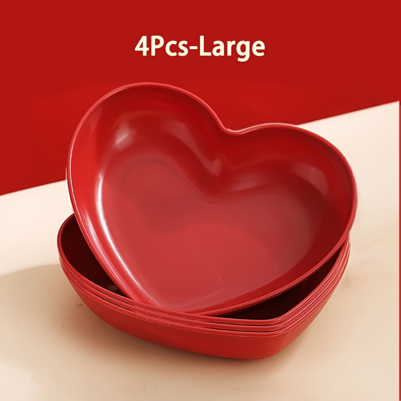 Heart-shaped plastic plates for weddings in sets of 4 or 8. Decorative red serving dishes for snacks, salads, and candy. Versatile party platters for all seasons.