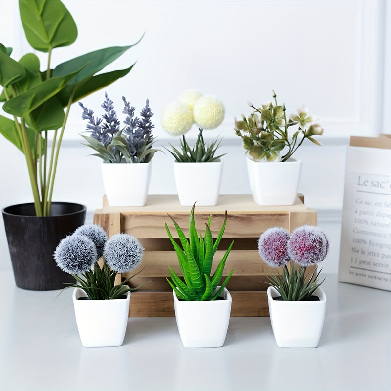 1 set of 6 simulated plants in a Nordic style for indoor decoration. Includes ball, aloe vera, begonia, lavender, artificial succulent bonsai. Perfect for office desktop ornament.