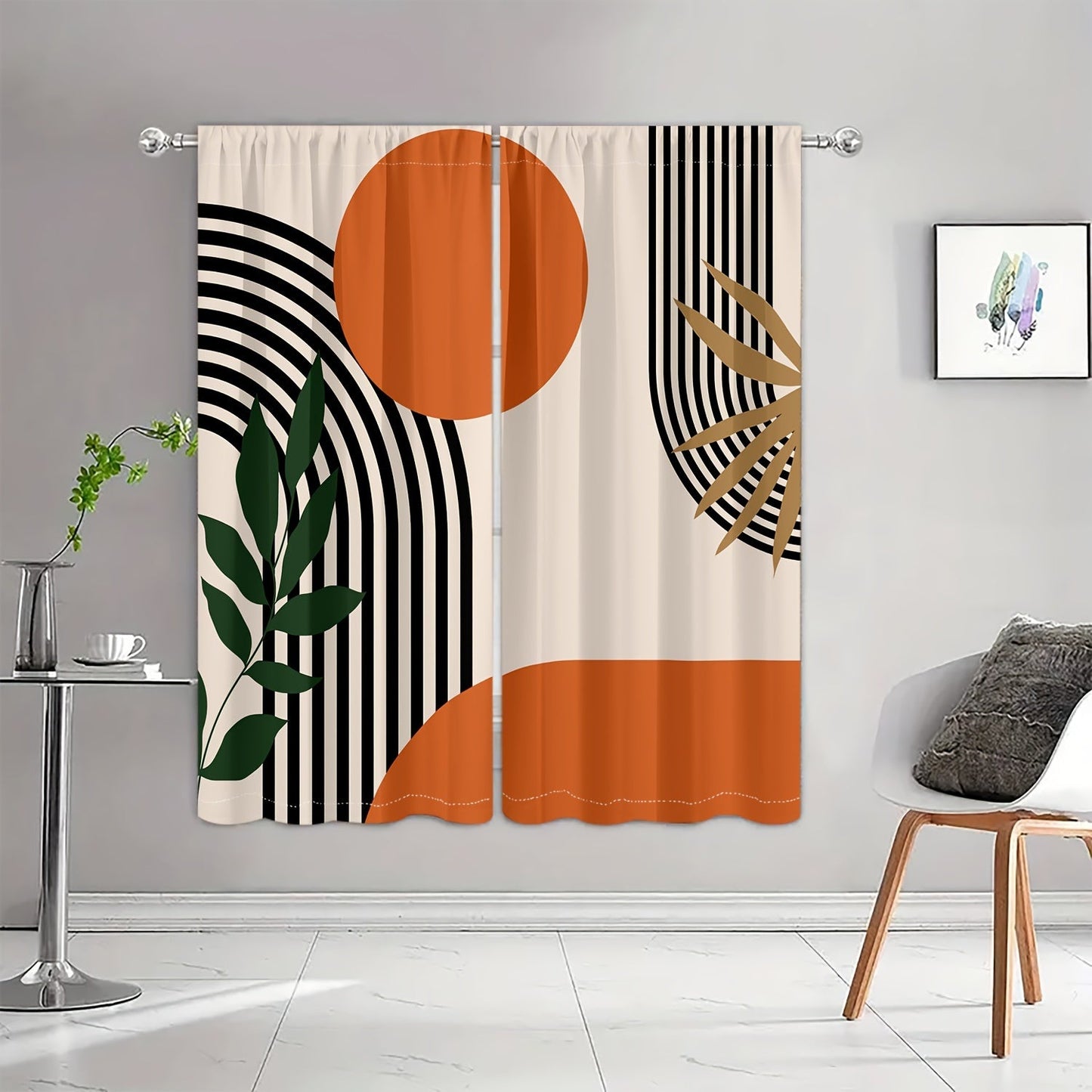 Two pieces of modern abstract geometric and striped design curtains - translucent, privacy-protecting drapes with a rod pocket for the living room and bedroom. Made of machine washable, fade-resistant polyester.