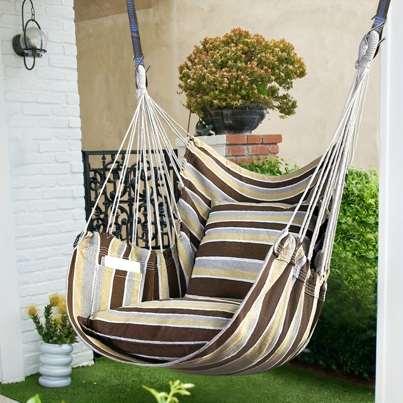 The package includes a hammock chair, two thick cushions, two 1.5-meter straps with 5 loops and 1 buckle, two climbing S-hooks, and a canvas storage bag. High-end configuration for export