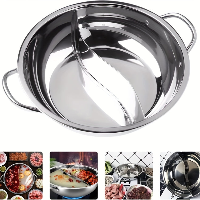 Dual sided hot pot with divider made of stainless steel, perfect for traditional shabu shabu cooking. Compatible with gas and induction hobs, this energy-efficient soup pot is designed for kitchen use without the need for electricity.