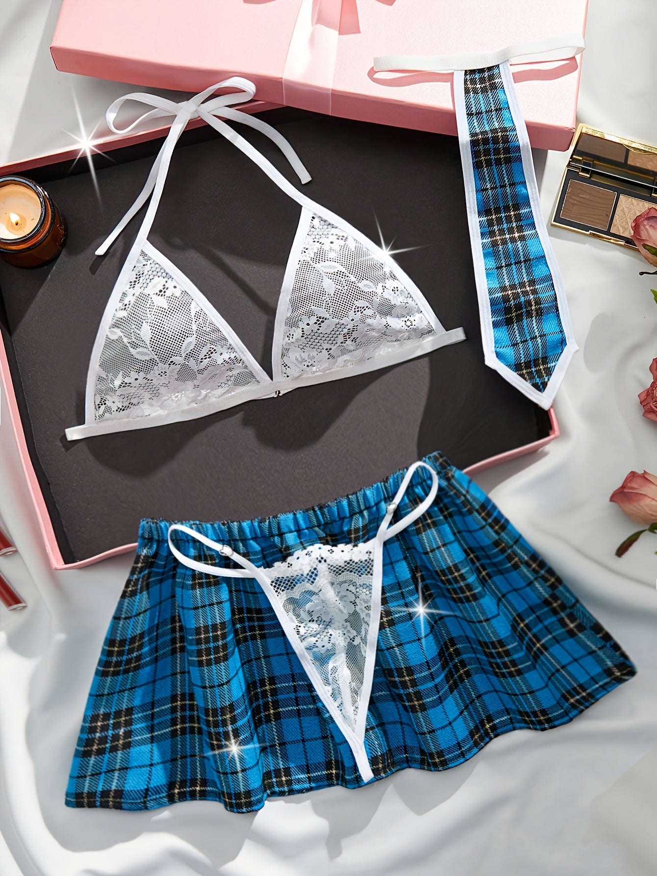 Four-piece preppy-style lingerie set made from polyamide (90%) and elastane (10%) knit fabric. Features medium support, color block design, red plaid thong and bra, women's cosplay uniform