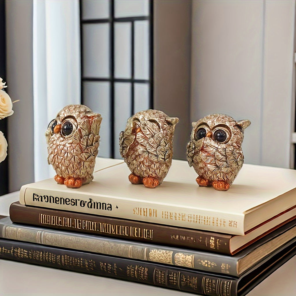 3 European-style owl figurines crafted from resin for indoor decoration in living rooms, offices, and home decor - versatile and no need for electricity.