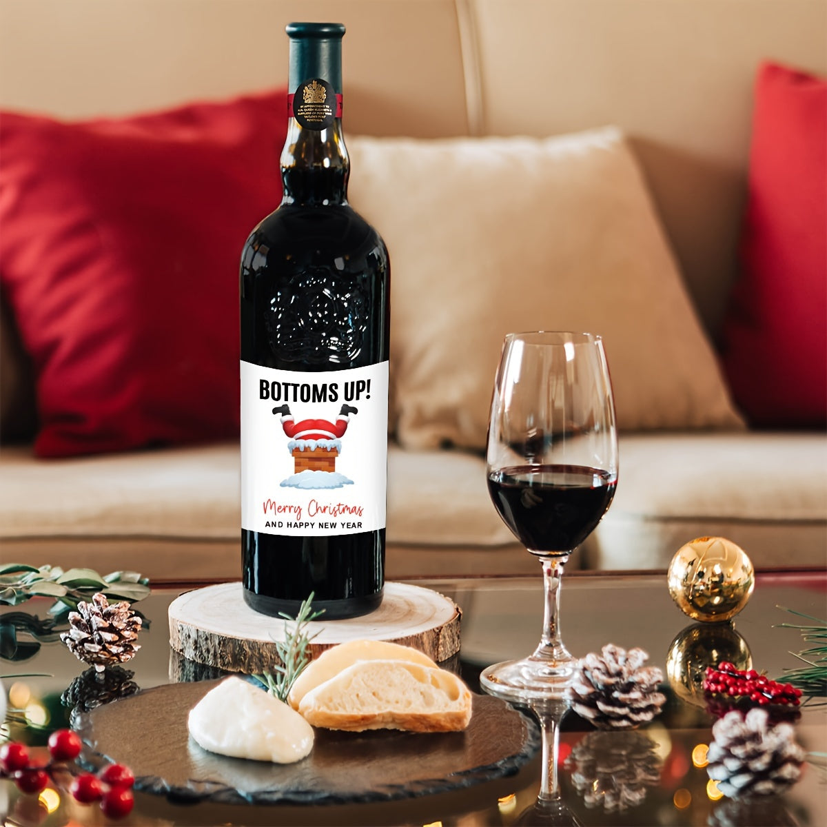 6 Christmas wine bottle labels for a fun holiday gift, available in white, red, and black.