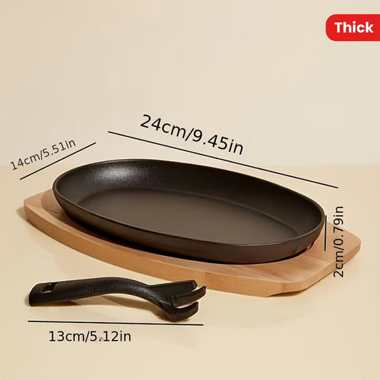 Oval Non-Stick Cast Iron Skillet Set with Wooden Base and Iron Fork for Steak, Griddle Cooking - Uncoated and Thickened for Home Use