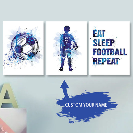 Custom Name Soccer & Football Player Canvas Wall Art Set - 3 Pieces for Kids' Room, Nursery, or Dining Decor - Field Dreams Theme, Frameless Posters