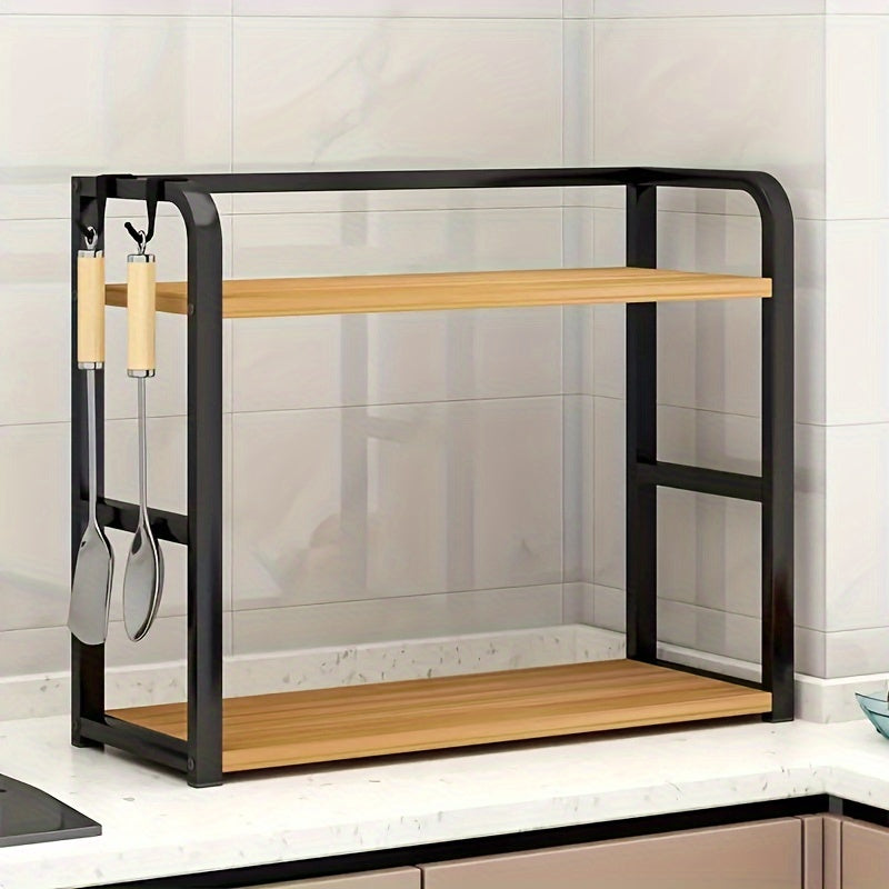 Multifunctional Kitchen Storage Rack Organizer, featuring a combination of wood and metal shelves, made with durable hardwood artificial board and a sturdy metal frame. No electricity required, perfect for organizing kitchen accessories and supplies.