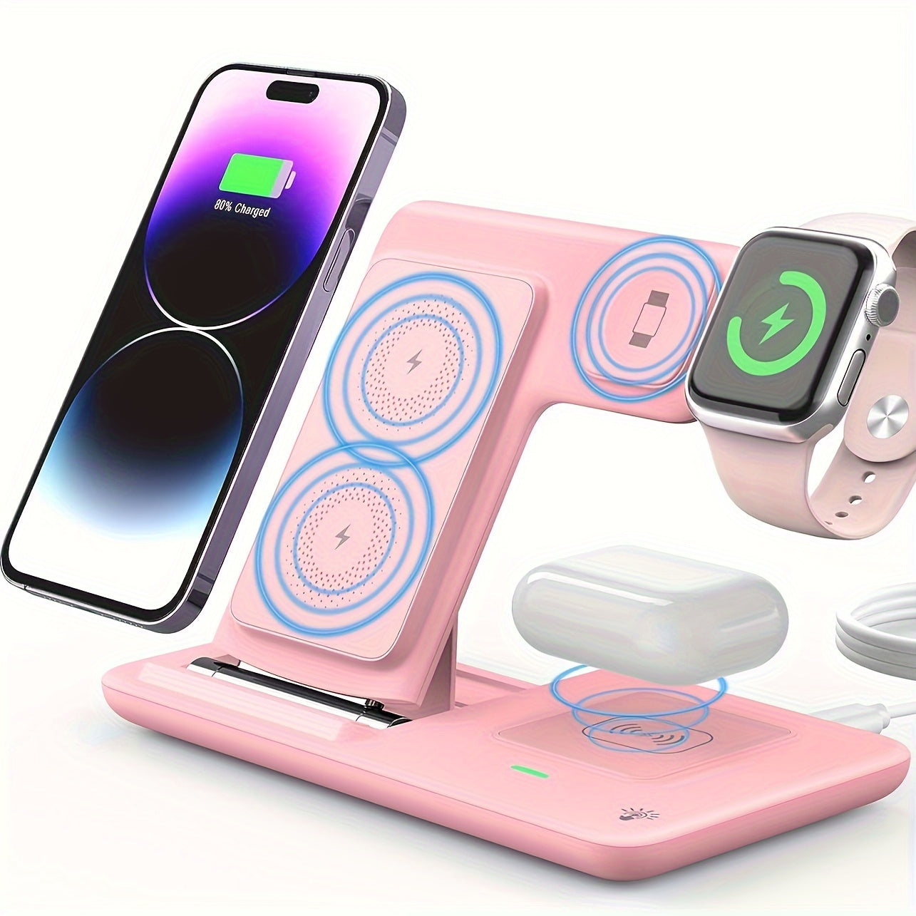 Folding 3-in-1 Wireless Charging Station for iPhone and Apple Watch, compatible with Airpods.