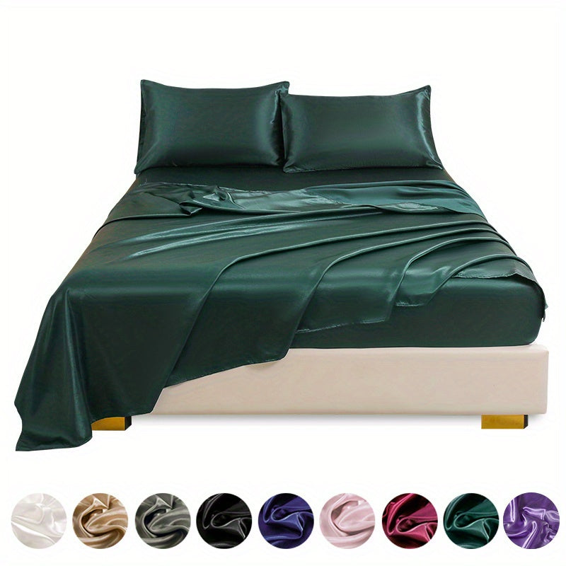 4 pieces of polyester satin solid fitted sheet set includes 1 fitted sheet, 1 flat sheet, and 2 pillowcases, available in Twin, Full, Queen, or King sizes.