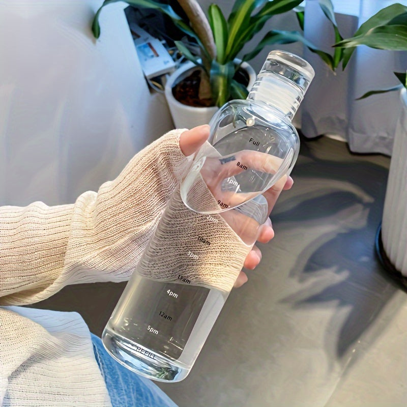 BPA-free clear plastic water bottle with time marker, ideal for juice and milk, portable and lightweight for kitchen and dining.