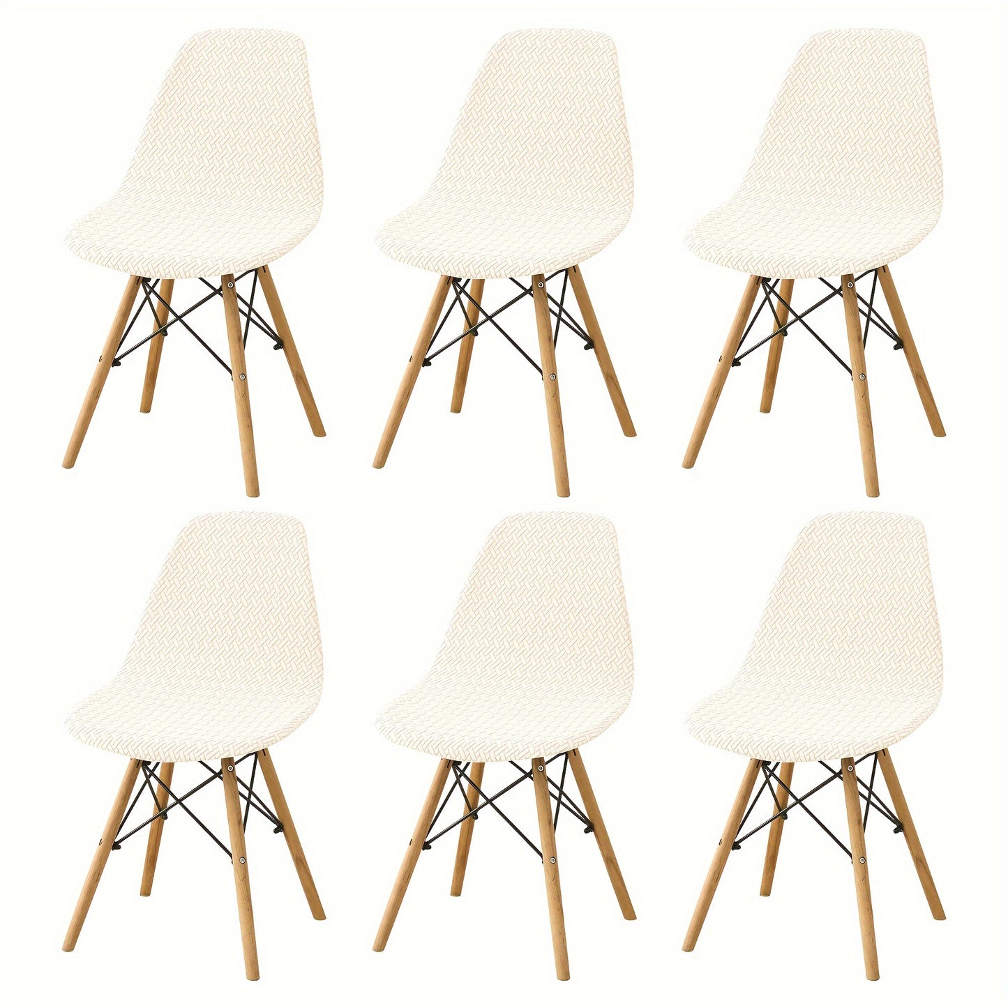 6 contemporary chair covers for dining chairs in a shell style, made from a stretchy polyester-spandex blend. Easy to clean in the washing machine with an elastic band closure and slipcover-grip design, perfect for home or hotel use.