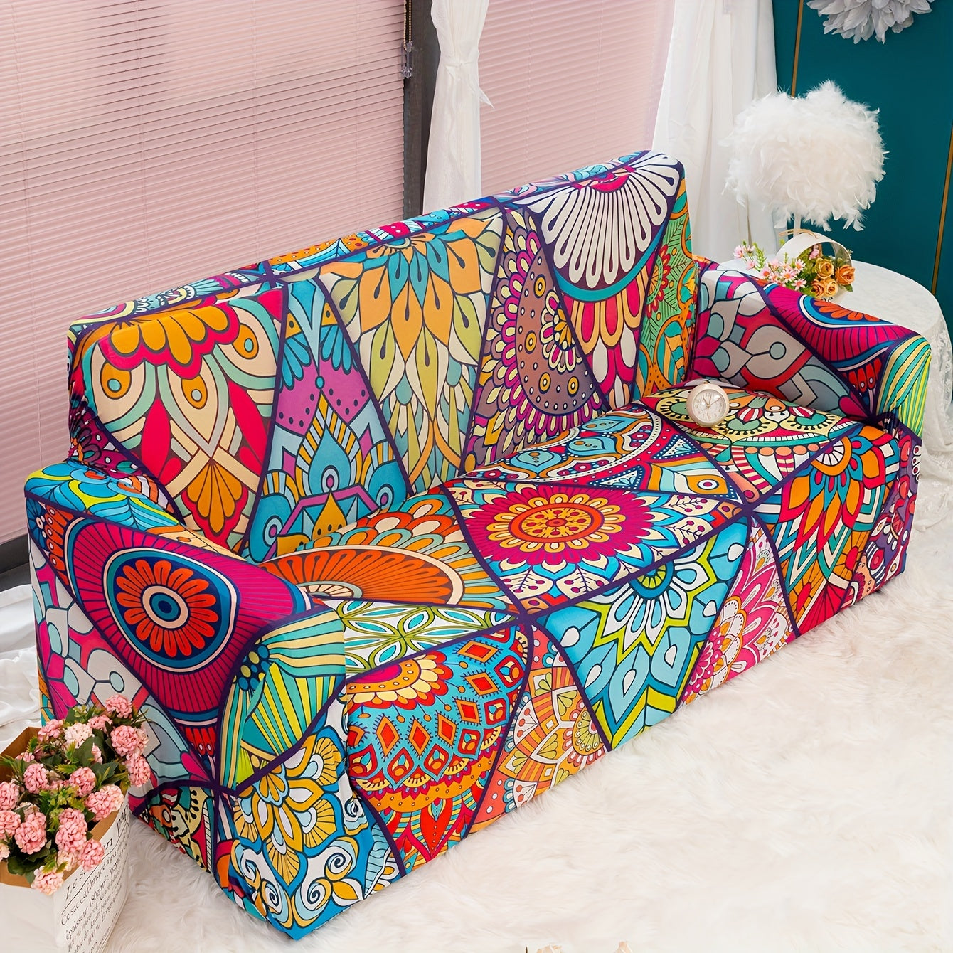 Bohemian-inspired milk printed sofa slipcover for home decor, protects furniture in bedroom, office, or living room. Non-slip design.