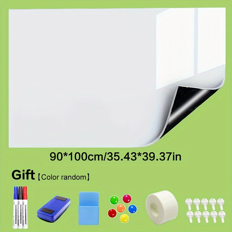 Magnetic whiteboard sheet with PET surface, easy stick & peel, includes markers & accessories - perfect for home or office use.