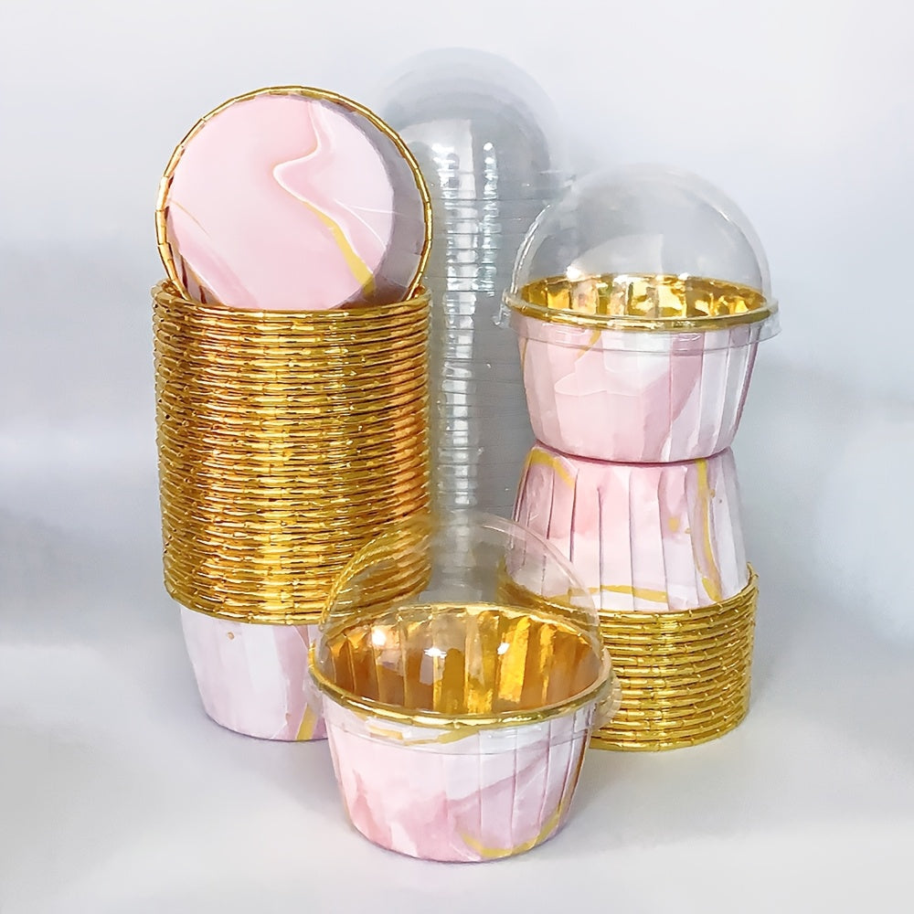 Set of 50 disposable cupcake liners in glossy, heat-resistant material. Perfect for muffins and cupcakes. These baking tools feature curled edges and can also be used as cake holders for wedding and birthday parties. Optional lids available.