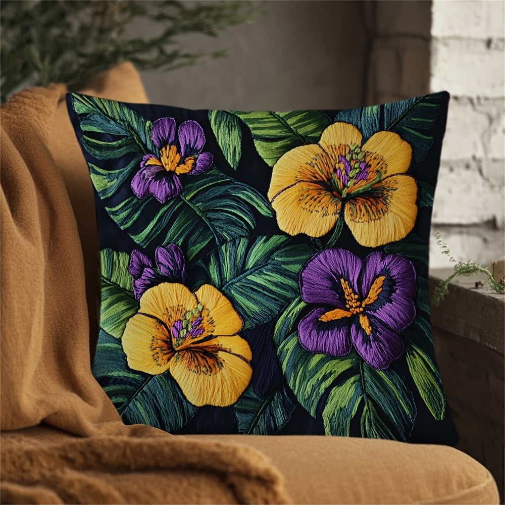 Square Pillow Cover with Tropical Floral Embroidery, Made of 100% Polyester, Double-Sided Design with Zipper Closure, Easy to Clean in Washing Machine, Ideal for Home or Office Farmhouse Style Decoration