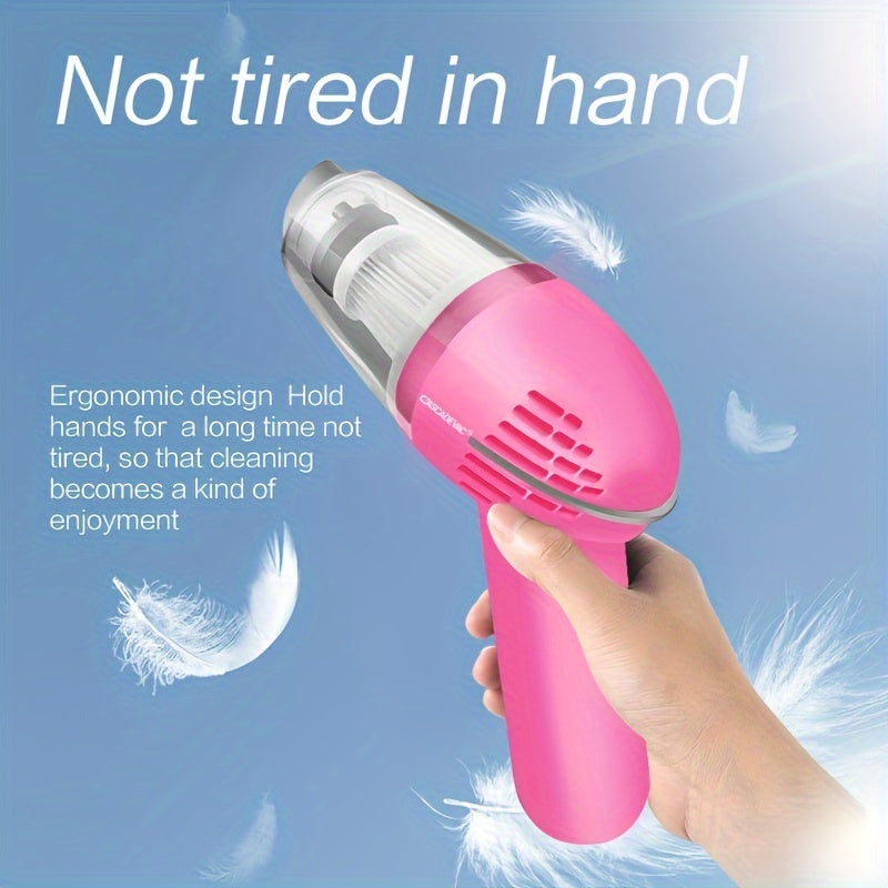 Portable mini handheld pink car vacuum cleaner with powerful suction, high capacity for wet and dry cleaning, perfect for removing pet hair and offering multifunctional use.