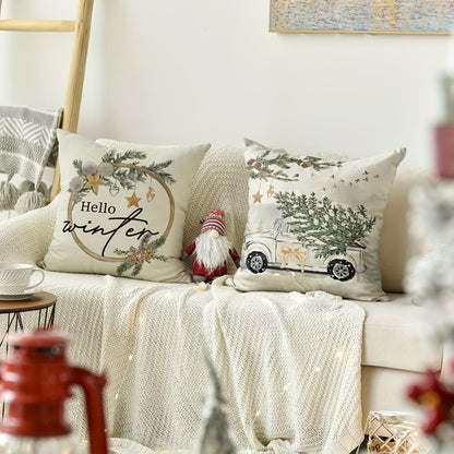 Four rustic linen pillow covers with winter and Christmas designs for home decor.