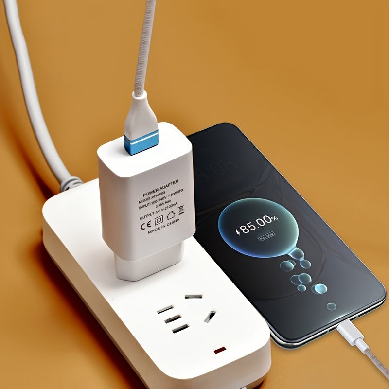 European standard white 5V2A mobile phone charger for fast charging in various locations.