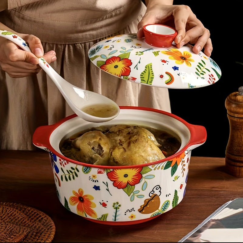 This generously-sized ceramic soup tureen comes complete with a convenient lid and sturdy handles, making it an ideal choice for preparing delicious home-cooked meals.