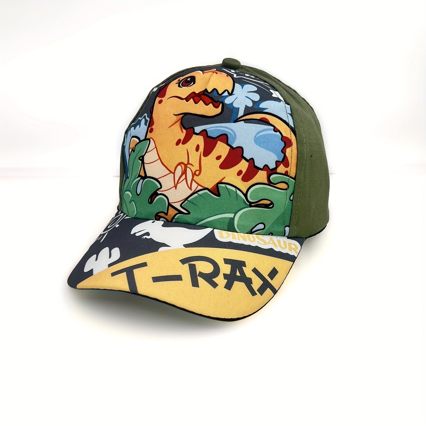 Adjustable cartoon dinosaur print baseball cap for boys and girls.