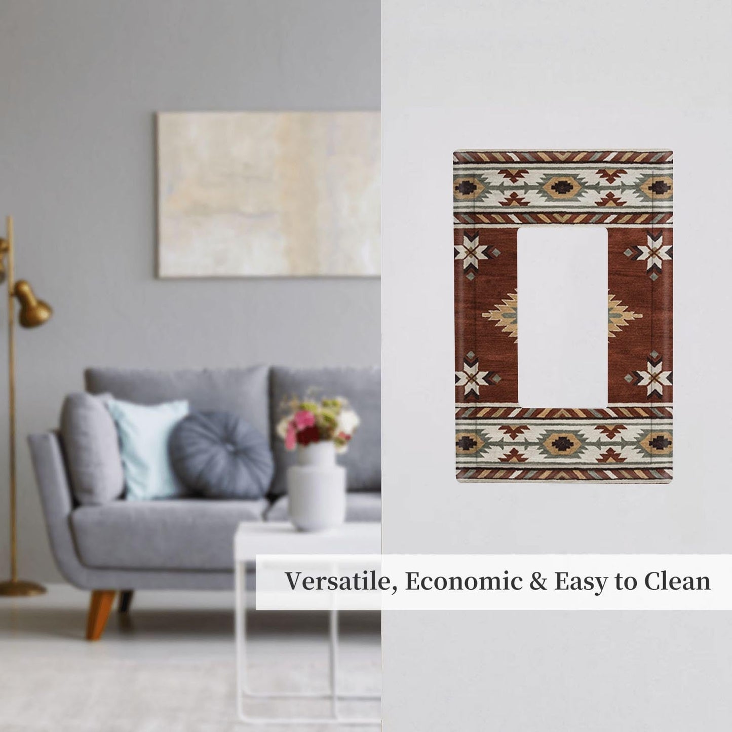 Enhance Your Bedroom Decor with a Rustic Tribal-inspired Wall Switch Panel Cover, Available in 1Gang or 2Gang - Made from Durable Polycarbonate for Long-lasting Use. Featuring Southwestern Patterns in Brown, Beige, and White, This Bedroom Decor Accessory