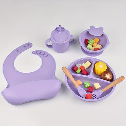 Ideal gift for holidays - Non-toxic silicone feeding set for toddlers aged 0 to 3 years, includes suction plate, bowl, divided dish, cup with straw, bib, and utensils, ensuring a safe and enjoyable mealtime for children.